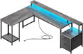 PRAISUN 66 L Shaped Gaming Desk with LED Lights &amp Power Outlets Computer Desk with Fabric Drawers and Print Stand Corner Office Desk Monitor Stand Mesh CPU Stand Grey
