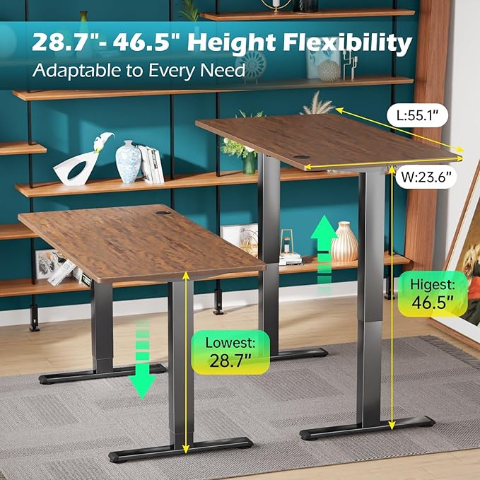 PayLessHere 55 Inch Electric Standing Desk Sit Stand up Desk Home Office Desk with Large Space Headphone Holder 2 Memory Function for HomeOfficeMeeting Room (Brown)