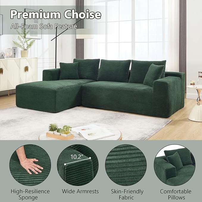 PELUMY 108.7 L-Shaped Cloud Couch with Memory Foam Corduroy Modular Sectional Sofa with Oversized Chaise No Assembly Required Sleeper Sofa for Living Room Apartment (Green Left-Facing)