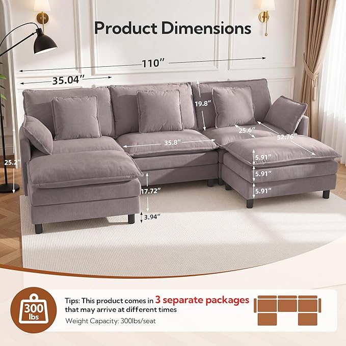 110 U-Shaped Modular Sectional Couch Modern Cloud Couch with Ottoman 5-Seat Chenille Sofa with Pillows Deep Seat Comfy Couch for Living Room Bedroom Light Grey