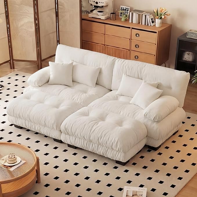 Modular Sectional Sofa Bed Chenille Comfy Cloud Couch with 2 Ottomans Sleeper Daybed with 2 Lumbar Pillows and 2 Throw Pillows Couches for Living Room (White 2 Seat + 2 Ottoman)