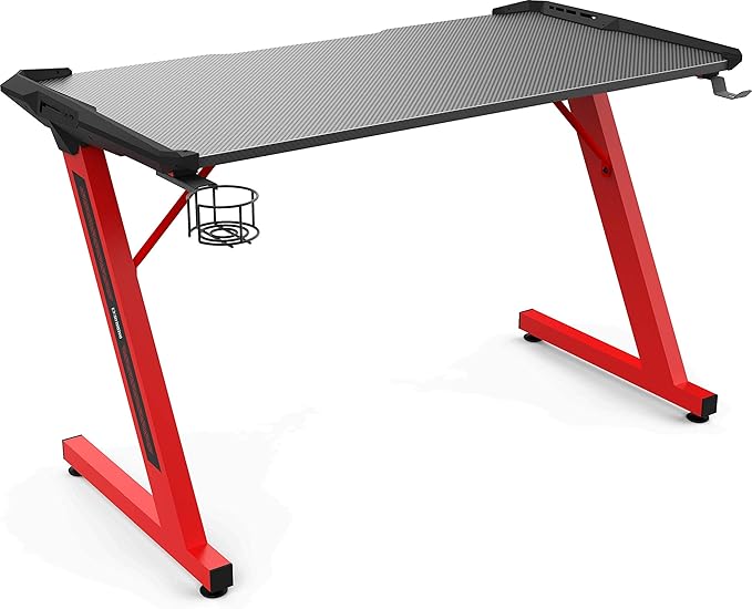 GAMDIAS Zeus Large Gaming Desk with Carbon Fiber Look Surface Home Office Computer Table Gamer Workstation with The Cup Holder and Headset Holder