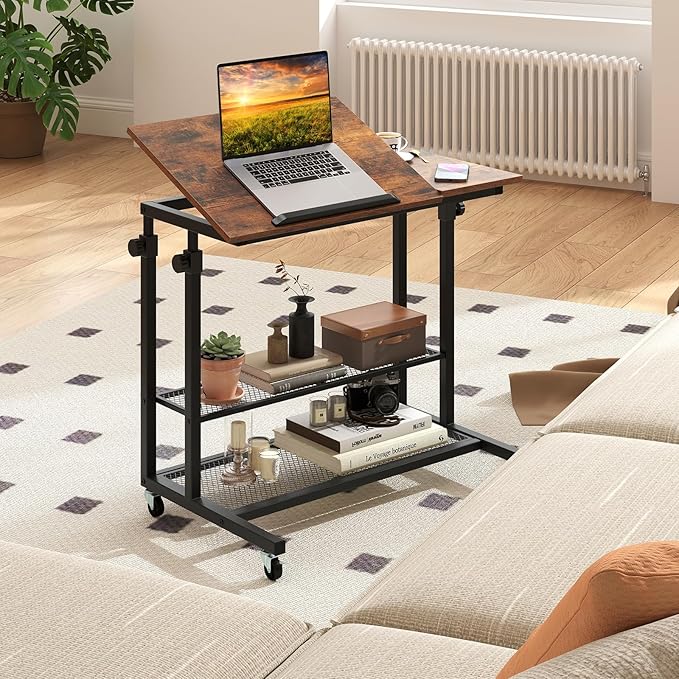 Giantex Mobile Standing Desk Adjustable Rolling Computer Desk w/Tilting Desktop &amp Storage Shelves PC Laptop Table Small Compact Desk on Wheels for Small Space Living Room &amp Bedroom (Rustic