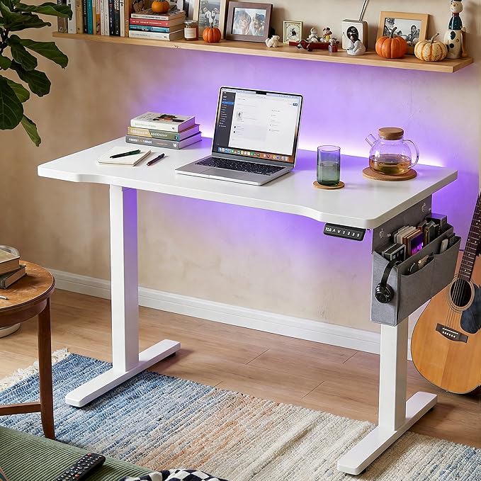 EnHomee Standing Desk with RGB LightsAdjustable Gaming Desk 48 x 24 HeightComputer Desk with 3 Memory Presets &amp Ergonomic Curved TopSit Stand Office Desk with Storage Bag &amp HookWhite