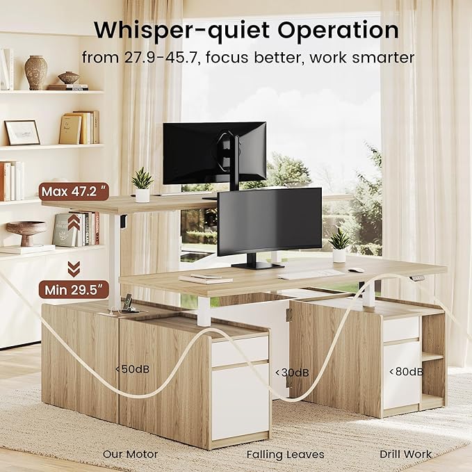 Executive Standing Desk with Drawers &amp Storage 70.8'' Adjustable Electric Stand Up Wood Desk with Privacy Panel AC/USB File Cabinet Large One-Piece Desktop for Home Office Light Walnut