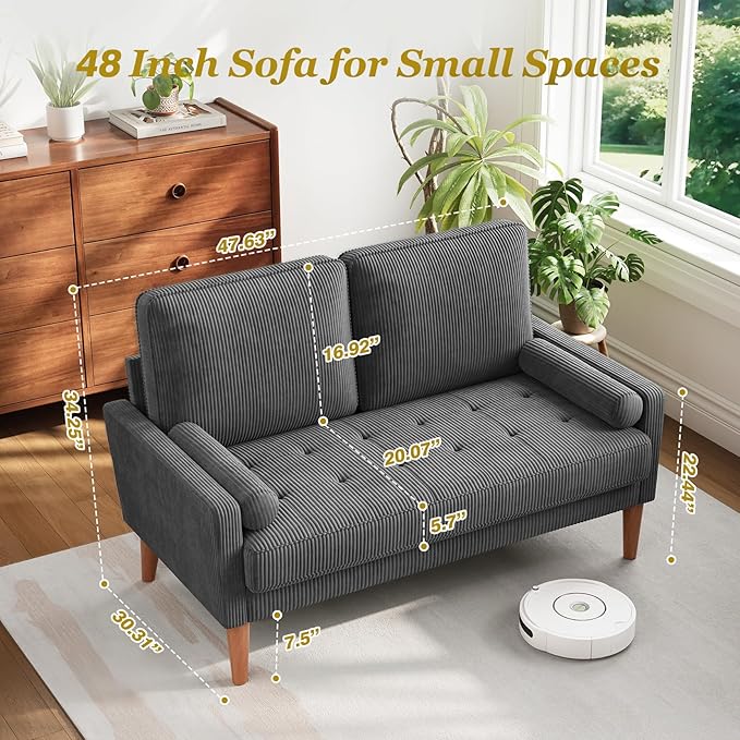 Vesgantti Loveseat Sofa with Solid Wood Legs48 Small Corduroy Couches for Small Spaces Mid Century Modern Love Seat for Living Room Bedroom Easy Assembly with Throw Pillow Grey