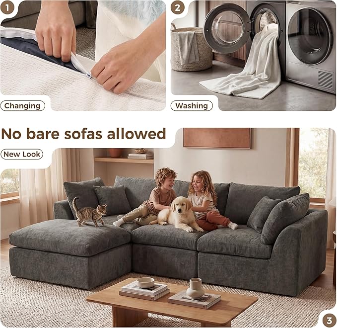108 Cloud Sectional Couches with 1 Extra Washable Cover L Shaped 25.6 Deep Seat Couch with Ottoman Oversized Comfy Living Room Sofa DIY Color Refresh (White Sofa + Gray Cover Set)