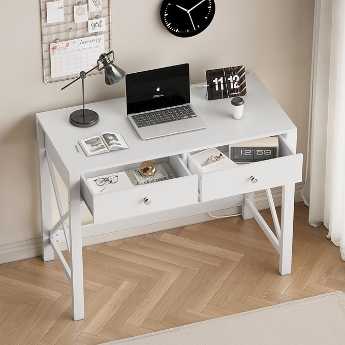 WiberWi Home Office Desk with Drawers White Modern Writing Computer Desk with Power Outlets Small Makeup Vanity Table for Bedroom Study Table for Home Office