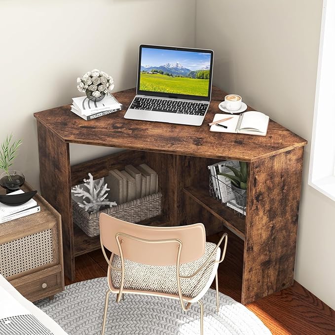 GOFLAME Corner Desk with Storage Shelves Triangular Computer Desk with Cable Management Holes Laptop Workstation for Small Space Makeup Vanity Desk for Living Room Study Rustic Brown