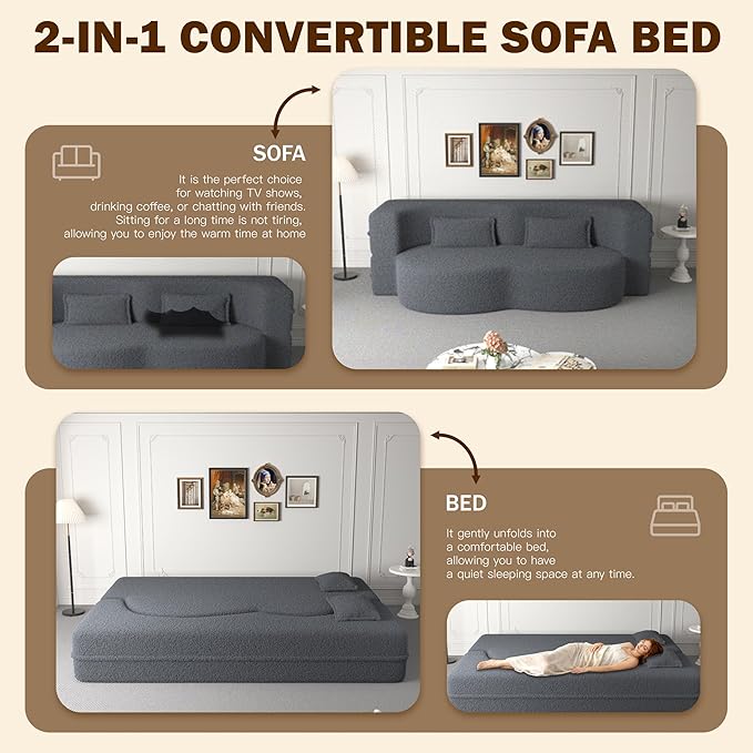 2 in 1 Convertible Compressed Sofa Bed 49'' Modern Boneless Single Sleeper in a Box Floor Mattress Futon Loveseat Couch No Assembly Needed Space Saving Dark Grey 2 Pillows Twin for Home