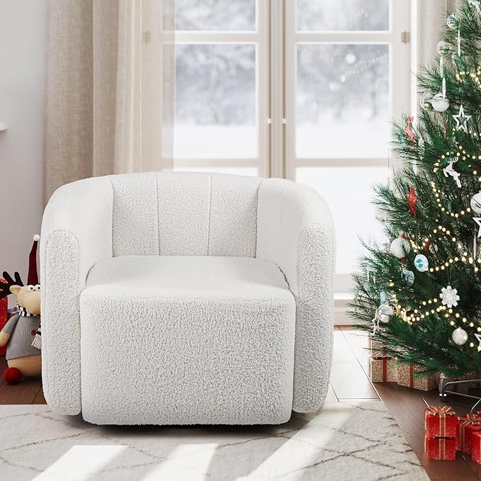 Giantex 360° Swivel Accent Chair - Sherpa Upholstered Boucle Barrel Club Chair with Padded Armrests Modern Round Arm Chair for Reading Living Room Bedroom Office White Teddy