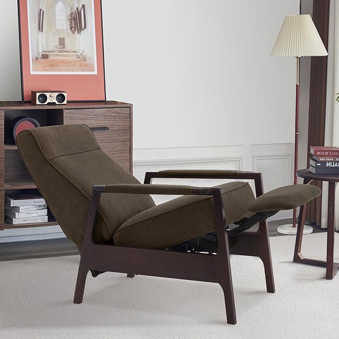 MCombo Pushback Recliner Chair with Wooden Armrests Upholstered Single Sofa Accent Chair for Living Room and Office Fabric MR097 (Coffee)