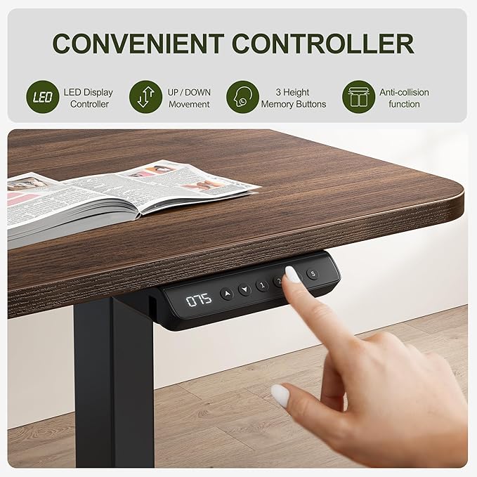 BANTI L-Shaped Standing Desk - 63 x 55 Inch Adjustable Corner Standing Desk with Charging Station - L Shape Sit Stand Table with Memory Controller Splice Board for Home Office Black Walnut