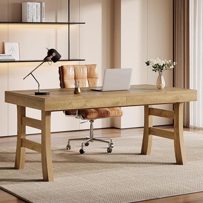Tribesigns 63-Inch Executive Desk Large Office Computer Desk with Sturdy Legs Farmhouse Simple Workstation Writing Study Table for Home Office Light Brown