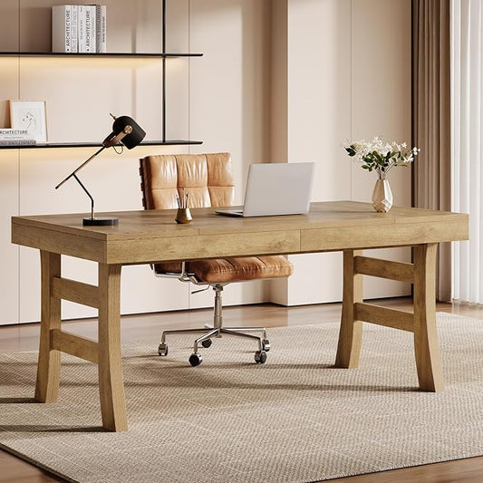 Tribesigns 63-Inch Executive Desk Large Office Computer Desk with Sturdy Legs Farmhouse Simple Workstation Writing Study Table for Home Office Light Brown