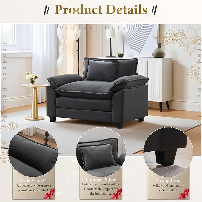 URRED Cloud Couch Accent Chair with Ottoman Oversized Velvet Armchair with Deep Wide Seat and Upholstered Armrests – Modern Lounge Chair for Bedroom or Living Room (Dark Gray 2 Chairs)