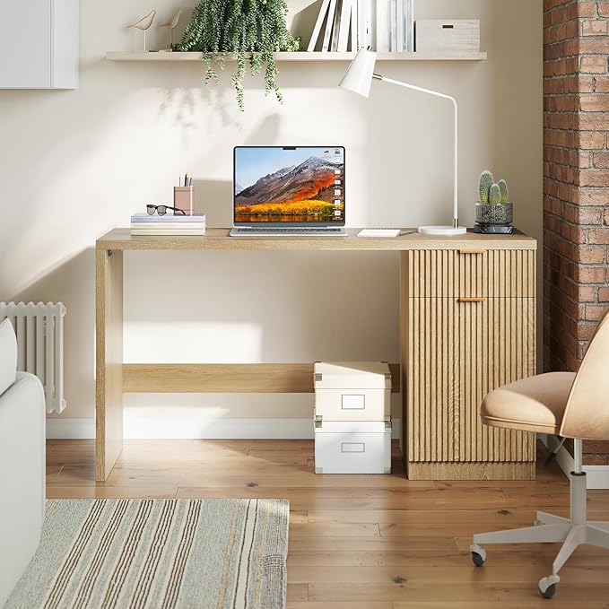 Garvee 60 Fluted Executive Desk with Drawer Wood Fluted Computer Desks with Storage Cabinet Home Office Desk Workstation Farmhouse Desks for Living Room Bedroom Natural Oak