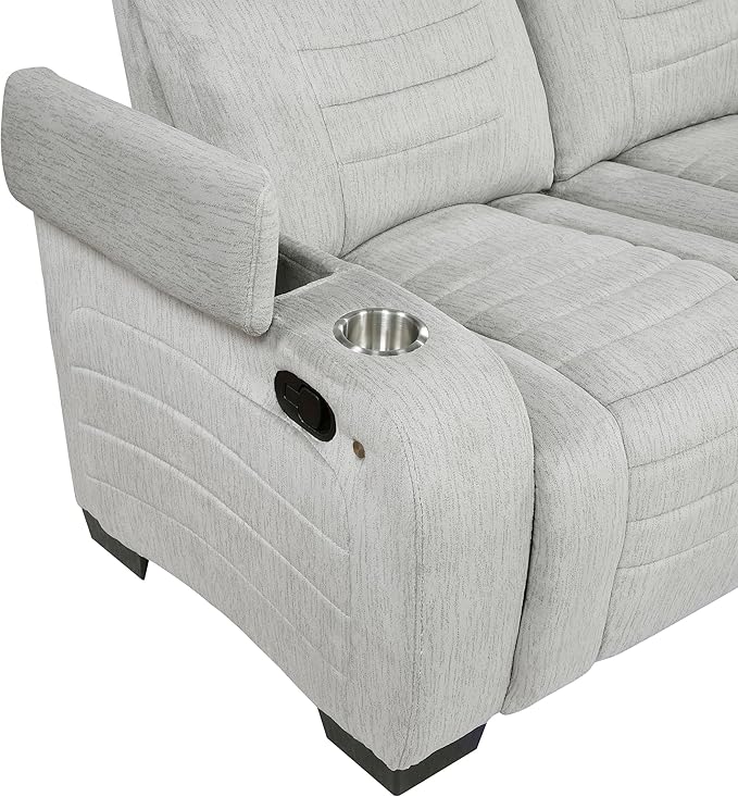 Lexicon Wall Hugger Manual Double Reclining Loveseat with Console Microfiber Home Theater Seating with Cup Holders/Hidden Arm Storage/Wireless Speakers/LED Base Lighting for Living Room Light Gray