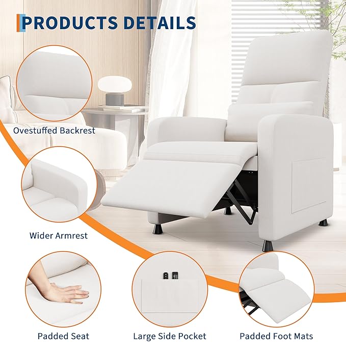 Power Recliner Chair Adjustable Electric Reclining Chair for Adults Overstuffed Tall Back Sofa with Padded Seat 2 Side Pockets &amp USB Port Home Theater Seating for Living Room - White