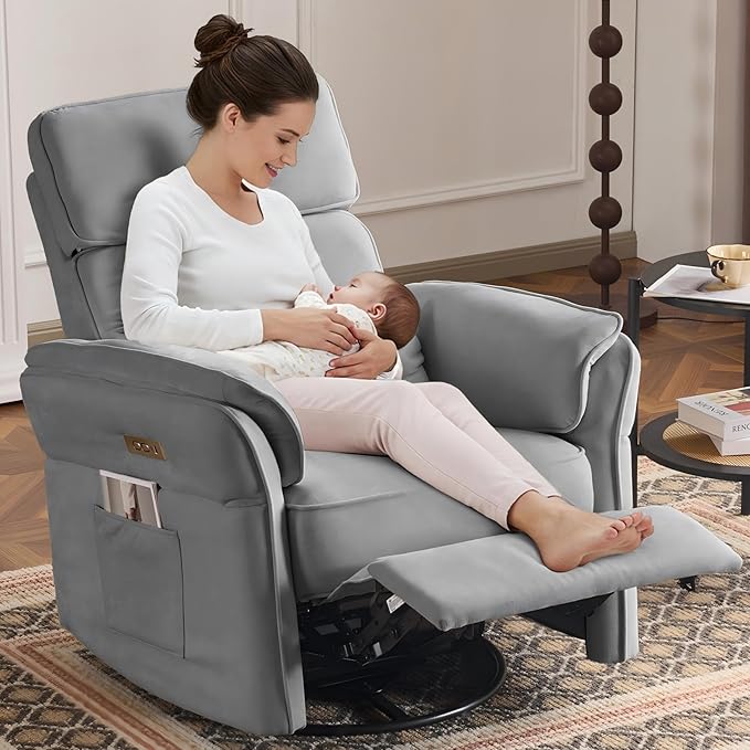 MELLCOM Power Recliner Rocking Chair Nursery Gliders with Adjustable Armrests and Headrest Swivel Electric Glider Reclining Nursing Chair with USB Port and Storage Bags FSC Certified