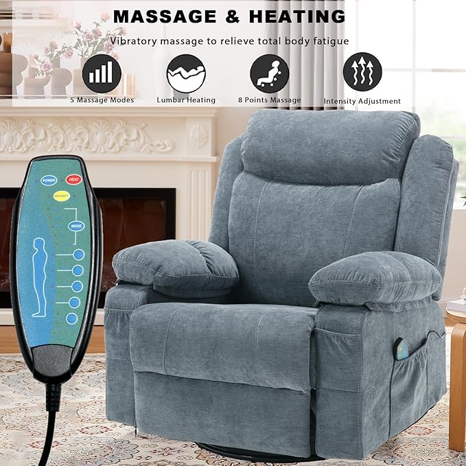 Swivel Rocker Recliner Chair Overstuffed Fabric Massage Recliner Chairs with Heat for Adults Oversized Reclining Sofa Manual Home Theater Rocking Recliner Lounge ChairsBlue