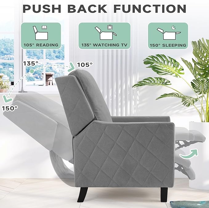 AVAWING Push Back Recliner Chair Set Mid-Century Modern Accent Chair with Adjustable Footrest Small Wingback Chair for Living Room Bedroom Study Room Grey