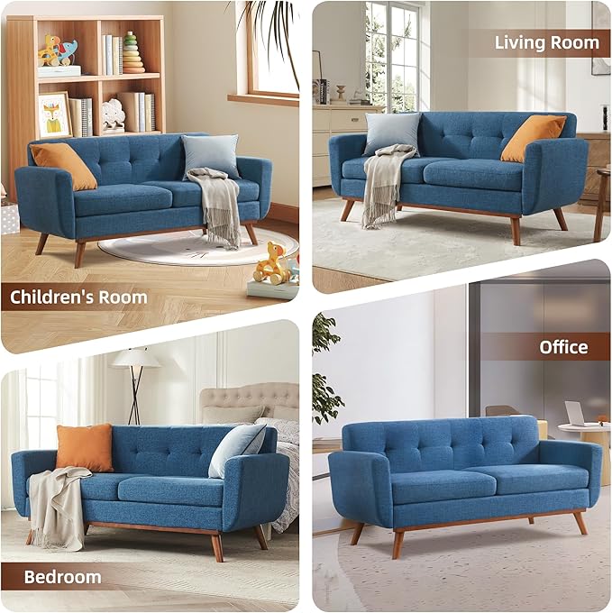 Kingfun Loveseat and Sofa Sets Mid Century Modern Linen Love Seat Couches for Living Room Button Tufted Upholstered Furniture Easy to Install Small Couch for Bedroom Office Apartment Blue