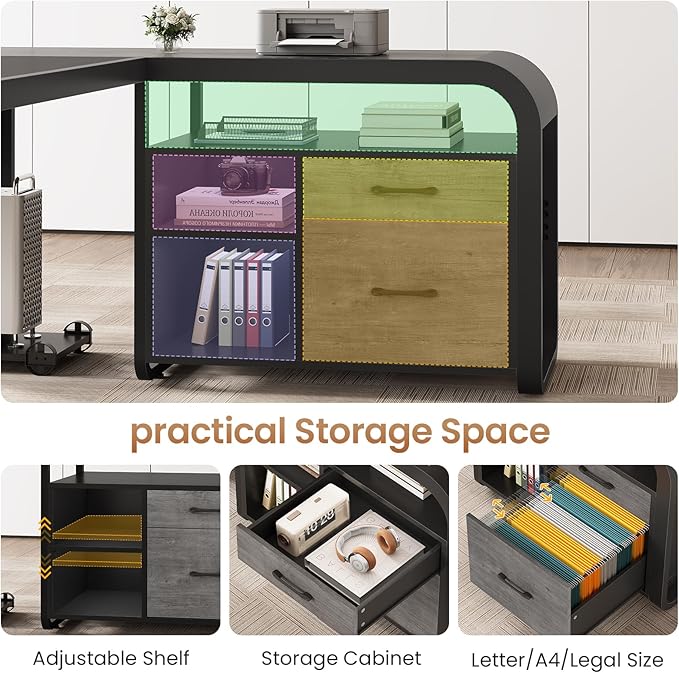 SEDETA 61 Inch Executive Desk Large Office Desk with File Drawer L Shaped Desk with Drawers Computer Desk with Mobile CPU Stand Storage Shelves Power Outlets for Home Office Gray