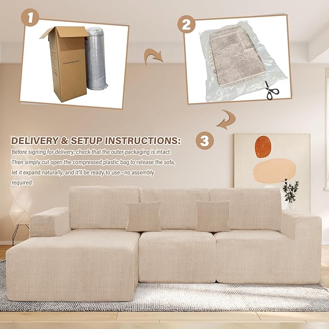 Boneless Couches for Living Room L-Shape Chaise Cloud Couch Modular Sectional 3 Pieces Deep Seat 111 Compressed Couches for Living Room Bedroom with Plush Corduroy Fabric No Assembly Required Khaki