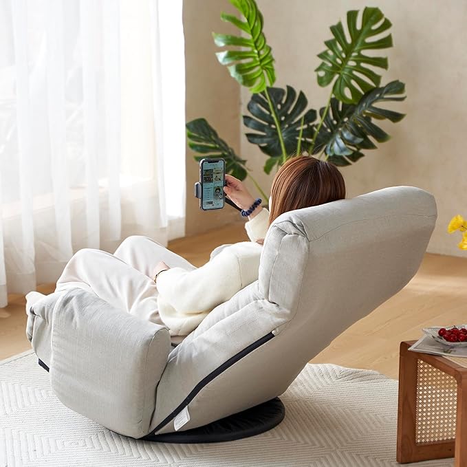 Gwen Upholstered 360° Swivel Chair Lounge Chair with Adjustable Backrest/Headrest Metal Frame Living Room Lounge Sofa and Phone Holder Comfy Bean Bag Chair Gray