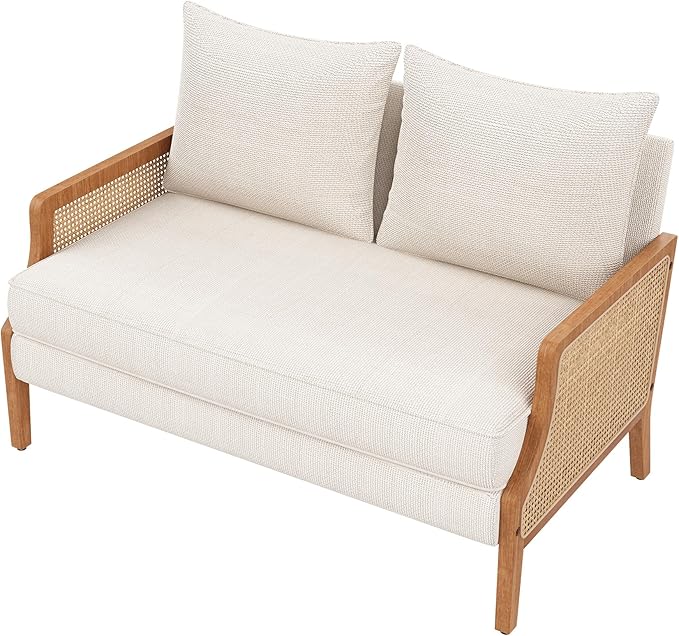 Loveseat Sofa Couches with Rattan Arms and Pillows for Living Dining Room Bedroom Office Entryway Small Spaces Ivory