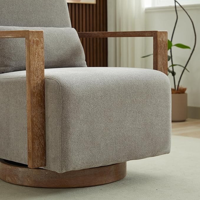 Swivel Modern Upholstered Accent Chair with Solid Wood Armrests and 360 Degree Comfy Lounge Reading Chair Side Armchair for Hotel Bedroom Living Room Office and Nursery Room (Gray)