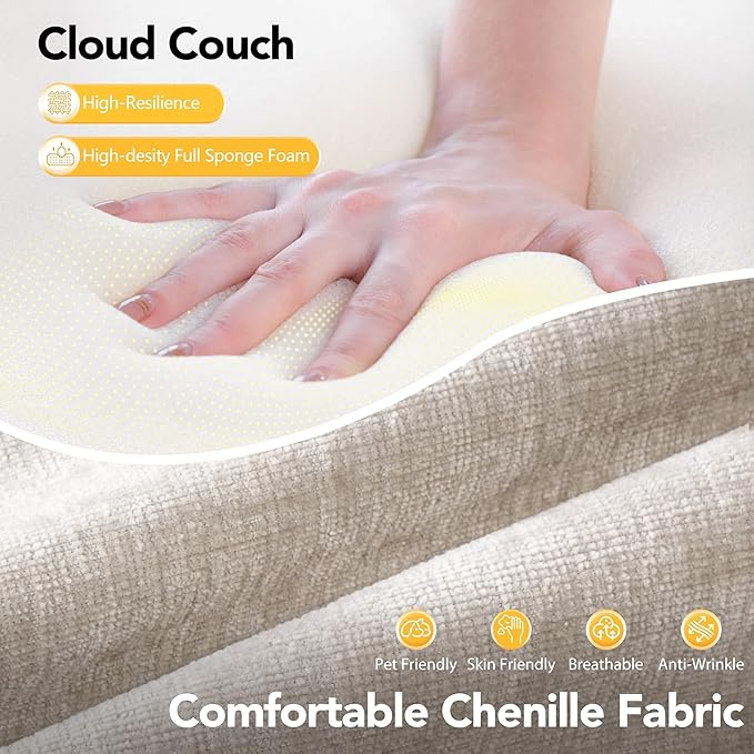 Cloud Modular Sectional Sofa No Assembly Deep Seat Chenille Couch with 2 Ottomans 3-Seater Modular Sofa for Living Room Beige