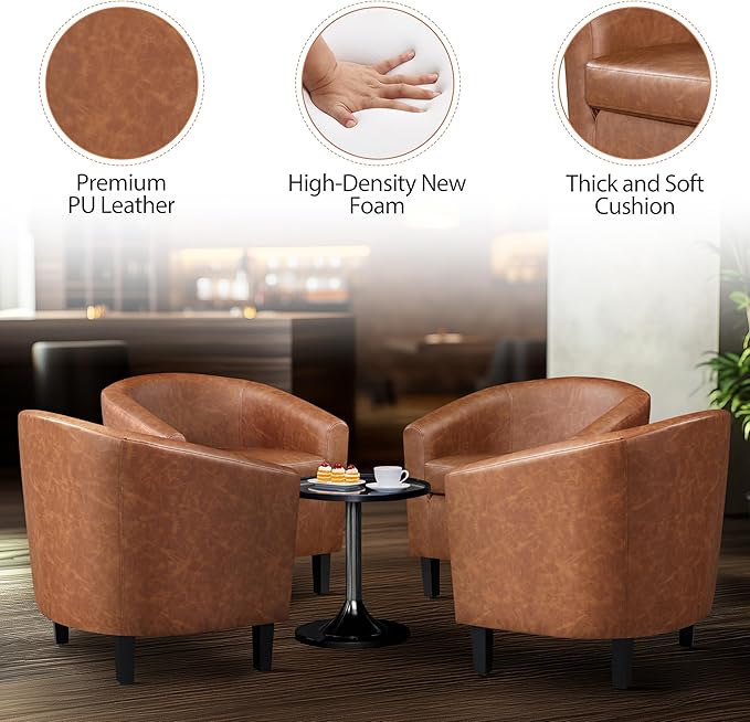 Yaheetech Brown Accent Chairs Set of 2 Faux Leather Barrel Chairs Comfy Modern Leather Club Armchairs with Soft Seat for Living Room Bedroom Reading Waiting Room Brown