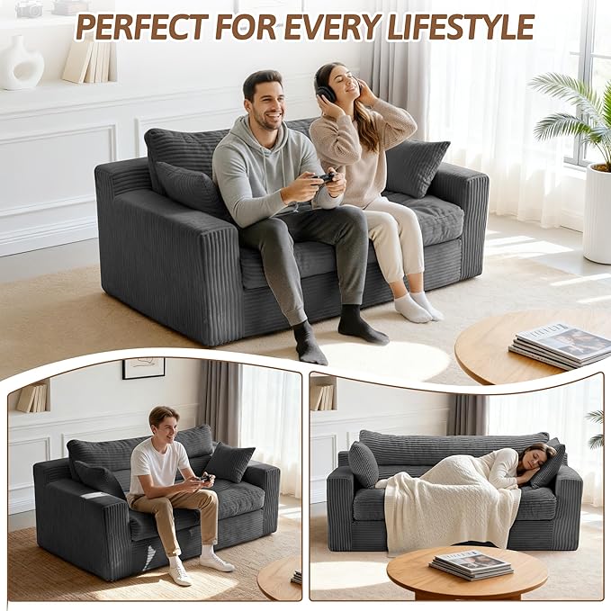 Convertible Sofa Bed Pull Out Boneless Couch Loveseat Floor Sofa Bed with Pillows 2-Seater Folding Sofa Loveseat Boneless Couch for Living Room Bedroom Apartment Office(Grey)