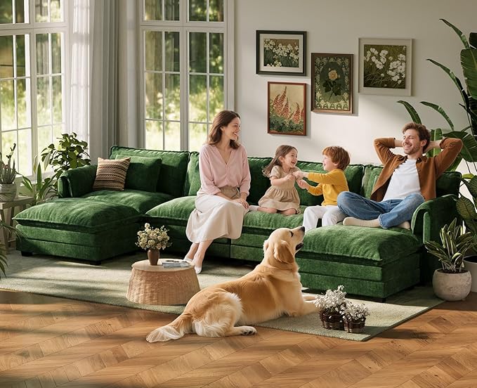 ABCASA 150 Oversized Modular Sectional Sofa with Throw Pillows &amp Movable Ottoman Comfy Cloud Couch 6-Seat Deep Seat Sofa U Shaped Modern Sofa for Living Room Apartment - Chenille Green