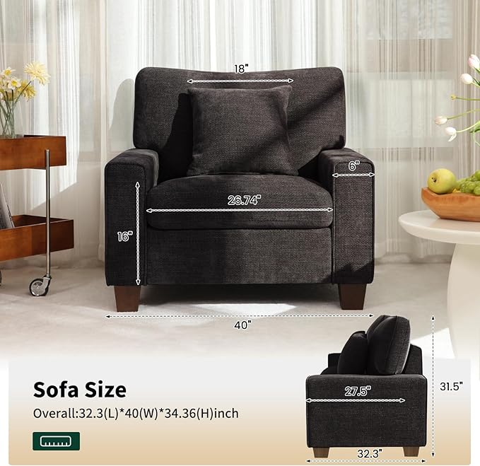 DOPEDIO Fabric Single Sofa Living Room Accent ChairDetachable Sofa Cover Comes with Decorative Pillows Spring Cushion and Solid Wood Frame Easy to Install (40inch Dark Grey)