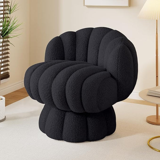 Teddy Fleece Swivel Vanity Chair - Armless Padded Accent Desk Chair for Bedroom Living Room Black