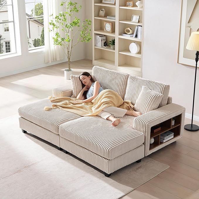79.5 Oversized Double Chaise Lounge Chair Indoor Modern Upholstered Sleeper Sofa Bed with 2 Storage Armrests &amp Throw Pillows Comfy Fluffy Corduroy Couch for Living Room (Beige 79.5 Double Cha