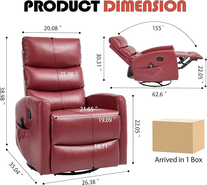 Manual Swivel Rocker Recliner Chair for Adults Overstuffed Reclining Glider Chair for Nursing with Vibration Massage &amp Heat Living Room Rocking Recliner 3-Stage backrest Faux Leather Red