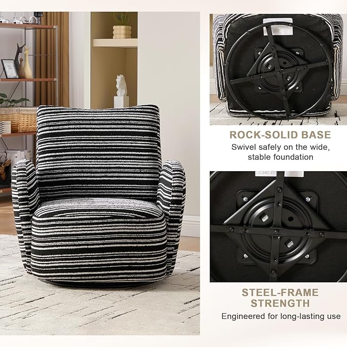 360° Swivel Accent Chair with Armrest Modern Striped Upholstered Lounge Chair Stable Round Base &amp Sturdy Metal Frame Armchair for Bedroom Living Room Office &amp Vanity (Black)