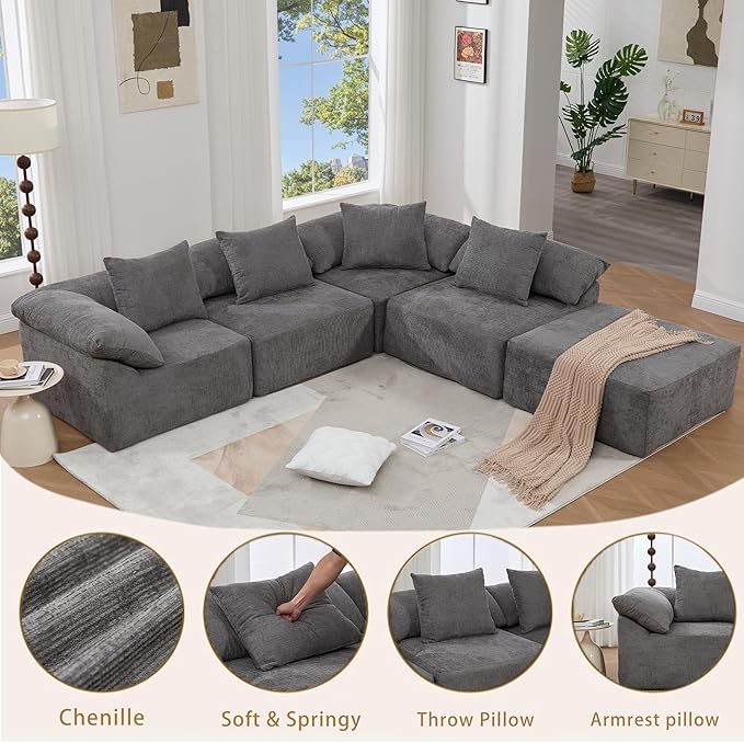 142 L Shaped Chenille Sectional Sofa Oversized Fluffy Cloud Couch with Memory Foam 5 Seater Modular Sleeper Sofa with Ottoman for Living Room No Assembly Gray