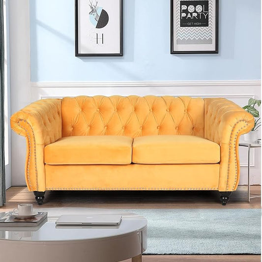 LEVNARY Velvet Sofa Chesterfield Tufted Upholstered 2 Seater Couch Modern Loveseat Couch Classic Furniture for Living Room Bedroom (Yellow)