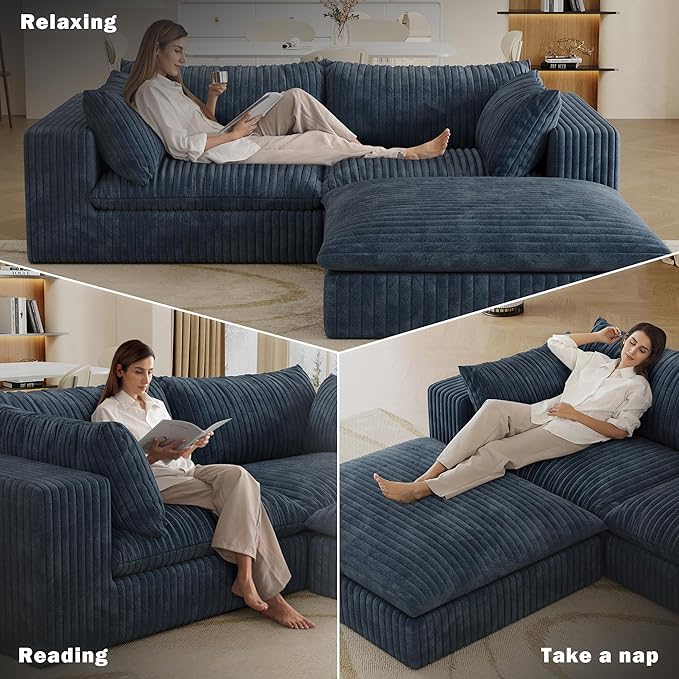 Boneless Corduroy Modular Couch with Ottoman 78.8 Comfy Cloud Couch for Small Spaces Deep Seat &amp Memory Foam No Assembly Required Compression Couches for Small Spaces(Blue) | Fluffy Throw Pi