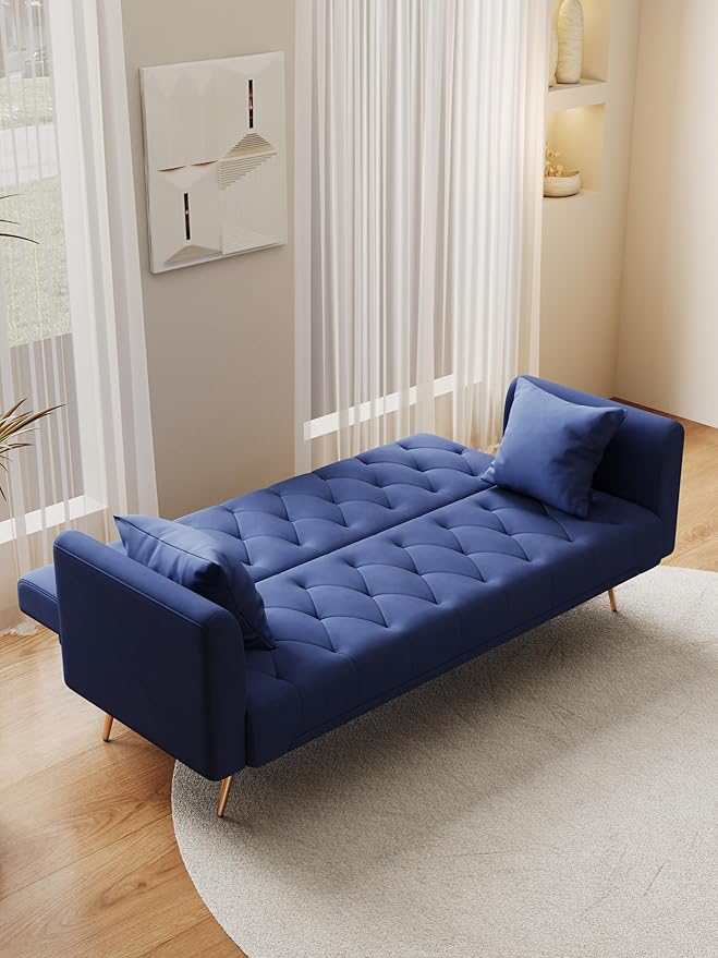 71 Convertible Velvet Futon Sofa Bed Loveseat with Multiple Adjustable BackrestsModern Sleeper Couch with Golden Metal Legs for Living RoomApartmentOfficeBlue