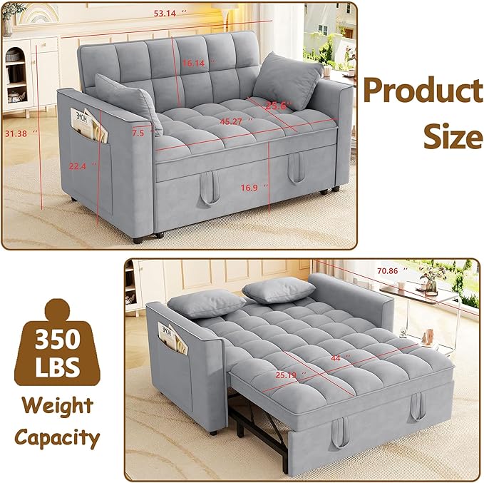 3 in 1 Convertible Sleeper Sofa Bed 52'' Velvet Pull Out Couch Bed with Comfy Pillows &amp Adjustable Backrest/Side PocketsFuton Loveseat Sleeper Sofa for Small Spaces Living Room Bedroom (Light Gr