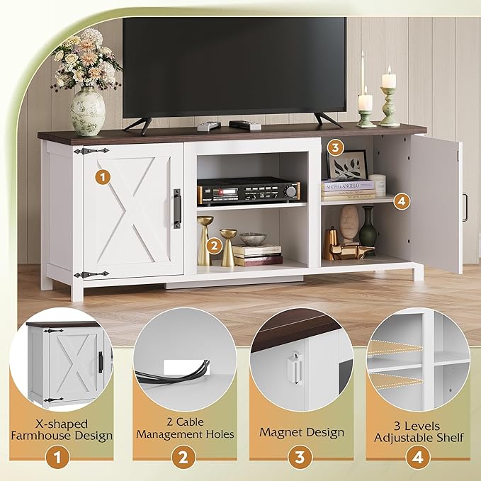 WLIVE Modern Farmhouse TV Stand for TVs up to 65 Entertainment Center with X-Shaped Barn Doors Large Storage Media TV Console with Adjustable Shelves &amp Cable Holes for Living Room White