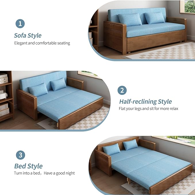 59 Convertible Sofa SleeperBlue Soft Cushion sectional Sleeper Couch with Reversible Chaisesolidwood Bed 3 in 1 Pull Out CouchWalnut Color Sofa for livingroomApartmentBedroomOffice