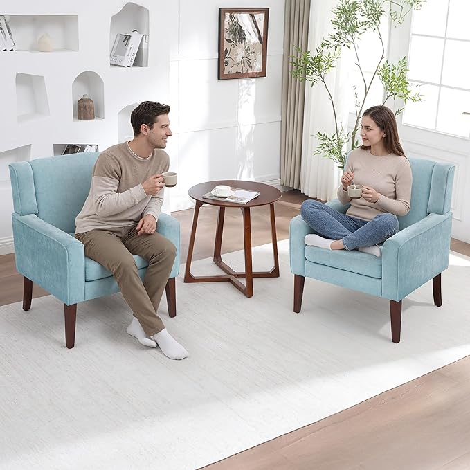 Accent Chairs Set of 2 Mid-Century Reading Chair with Wood Legs Upholstered Comfy Living Room Chair for Bedroom Apartment Waiting Room Light Blue