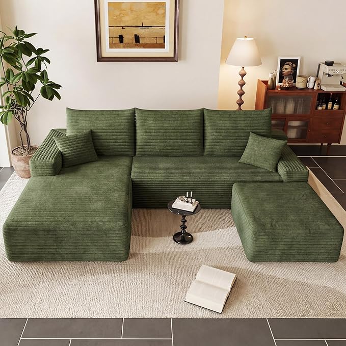 95 Cloud Sectional Couch with OttomanModern U-Shaped Cloud Couch with Deep SeatComfy Corduroy 3-Seater SofaMemory Foam Sofa for Living RoomNo Assembly (GreenLeft-Facing Chaise)